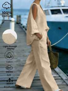 EMERY ROSE Women's Off-Shoulder V-Neck Blouse And Cotton Pants 2 Pieces Set - Apricot - View 1