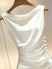 Franclia Satin Draped Neck Wrap Dress, Waist Cinching Design For Slimming Look - White - View 3