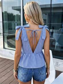 Pariaura Vintage Cute Red & White Gingham V-Neck Top,Bow Strap Open Back Ruffled Hem Cropped Top Cottage Core,Blue And White,Summer,Vacation,Holiday Slim-Fit - Navy Blue - View 2