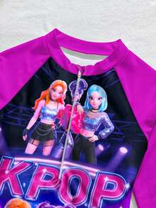 Traje de baño de una pieza de manga larga para niñas preadolescentes con estampado de personajes de grupos de chicas K-POP luminosos y unicolor, para playa, piscina y deportes acuáticos de verano - Multicolor - Ver 3