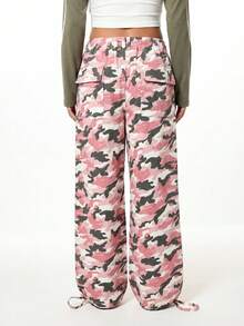 SUMWON WOMEN Pantalones cargo de camuflaje de tiro bajo con paracaídas, con adornos de perlas y rhinestones, pantalones anchos con cordón - Rosa - Ver 2