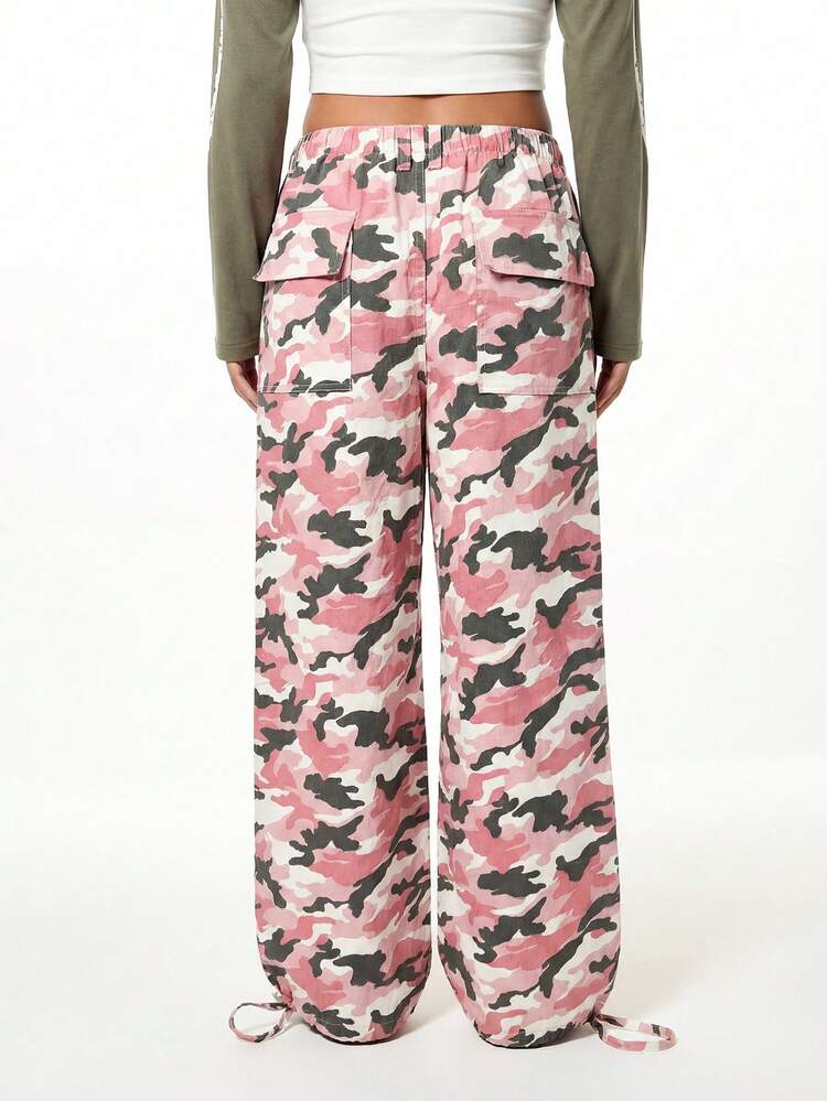 SUMWON WOMEN Low Rise Camo Cargo Parachute Pants With Pearl Rhinestone Embellishments Wide Leg Drawstring Trousers