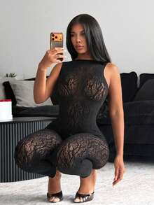 BamGleam 女士性感镂空透视连体衣无袖渔网连体衣 - 黑色 - 查看 1