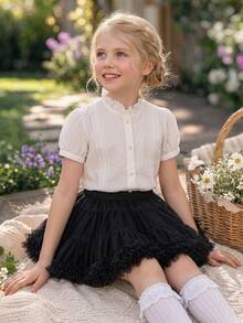 DAZY Young Girl Plain Short Petal Sleeve Single-Breasted Casual Shirt - White - View 10