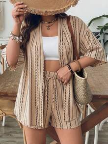 SHEIN VCAY Women's Plus Size Summer Beige Striped 2 Pieces Set,Boho Beach Holiday Cardigan Jacket&Drawstring Shorts,Loose Vacation Style Casual Outfits Suit - Khaki - View 2
