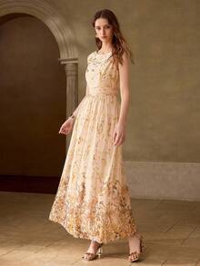 MOTF PREMIUM ELEGANT INTELLECTUAL FOIL FLORAL PRINT WAIST-CINCHED SLEEVELESS DRESS, HIGH-END FEEL, SUITABLE FOR SPRING/SUMMER EVENING GALA VACATION BEIGE - Apricot - View 5