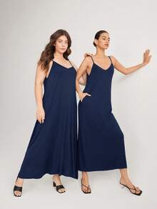 SHEIN BASICS 大码休闲纯色无袖连衣裙，夏季 - 藏蓝色 - 查看 5
