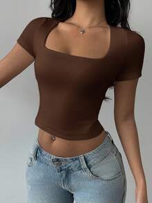 SHEIN BASICS Solid Color Knit Square Neck Fitted Cropped Top For Women Summer For Women - Brown - View 3