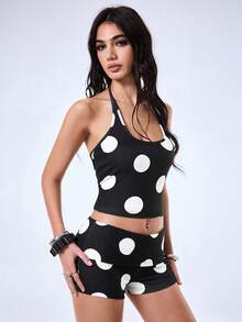 Y2Kool Vecteezy Set di top corto e pantaloncini a pois con colori a contrasto in stile Y2K, abbigliamento casual da strada adatto per donna, ideale per feste, vacanze, spiaggia, festival musicali e uso quotidiano in primavera/estate - Bianco e nero - Visualizzare 6