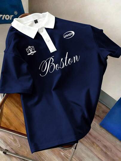 Manfinity Joysei Casual Fashion Boston College Logo Print Navy Blue Short Sleeve Polo Shirt