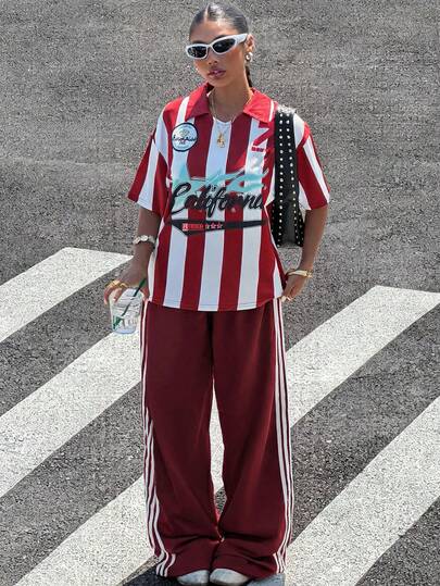 Muchica Women's Red White Striped Polo Shirt, Vintage California Graphic Oversized Jersey Top, Y2K Streetwear Fan Gear Game Day Outfit Tailgate Party Gym Workout Casual Streetwear