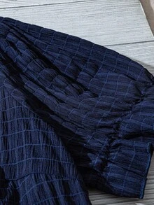 SHEIN LUNE 母親節度假休閒百搭大尺碼女款夏季休閒紋理布料泡泡袖圓領藍色襯衫，適合夏季 - 藍色 - 查看 3