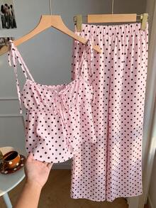 Conjunto de 2 piezas de camiseta de tirantes y pantalones con estampado de lunares, estilo casual de primavera para mujer. Conjunto de 2 piezas de lunares lindo para verano. Conj - Rosa - Ver 3