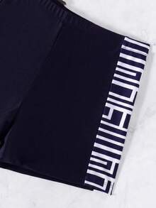 Swim Lushoire Bộ 2 món đồ bơi tankini mùa hè mới, màu kaki, họa tiết hình học ngẫu nhiên, không tay, ôm dáng, xếp ly, kín đáo, quần bơi ngắn, áo bơi thể thao nữ, dây mảnh. - Màu xanh hải quân - Xem 4