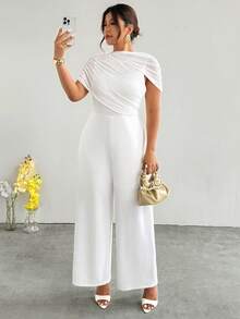 Firerie Plus Size Women Elegant Minimalist Poncho Design Mesh Patchwork Loose Jumpsuit, Versatile For Daily Wear White Wedding Guest Graduation Party - White - View 4