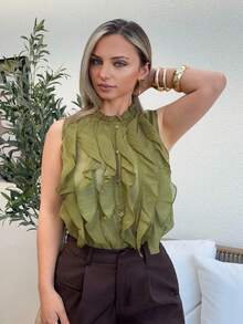 Jeta Ari Blouse sans manches vert olive à col volanté superposé, top élégant décontracté et polyvalent en mousseline à rayures métalliques, style romantique vintage français pour l'été - Vert - Voir 3