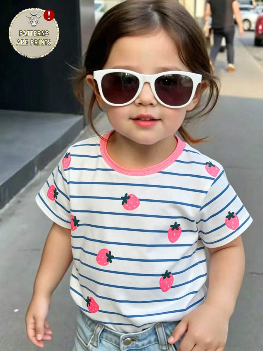 Elladie kids 女婴甜美可爱草莓刺绣印花条纹短袖T恤上衣,适合夏季户外活动 - 彩色 - 查看 1