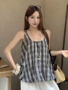 DAZY 宽松格子露背罩衫休闲度假夏季女式上衣 - 灰色 - 查看 7