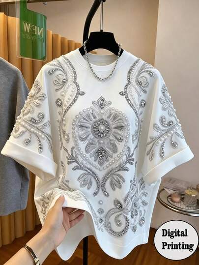 GlowEve CURVE Casual T-shirt met korte mouwen en 3D-bloemenprint voor dames in grote maten