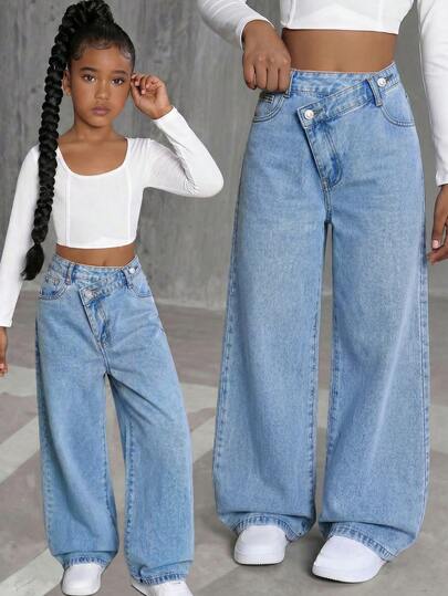 Tween Girls 2026 Spring Summer New Cool School Street Style Light Blue Multicolor Denim Wide Leg Long Pants Big Girls High Waist Loose Straight Flowy Brand Cargo Pants Spring Summer Versatile Casual Pants