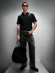 Zorclune 男士休闲翻领单排扣短袖衬衫，通勤和外出皆宜；男士水钻衬衫；男士闪亮衬衫；男士短袖衬衫；男士哥特衬衫；男士休闲黑色衬衫 - 黑色 - 查看 7