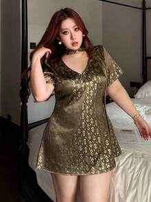 Dazy Plus Shiny Foil Pattern Satin Decorative Scarf Attached Short Waist Cinched Women Nightgown Pajamas - Olive Green - View 7