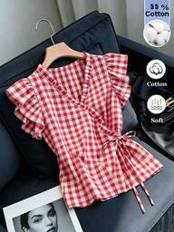 Franclia Blusa de volantes con mangas acampanadas a cuadros rojos estilo casual francés, Blusa cruzada con lazo lateral para mujer, Camisa cruzada de algodón a cuadros con escote en V, Camiseta de tirantes a cuadros de estilo campestre para verano, Camisa de mujer de estilo campestre, Camisa casual de mujer, Camisa de verano de mujer, Camisa roja de mujer, Cárdigan a cuadros con lazo de estilo retro campestre, Blusa cruzada a cuadros con cintura anudada y escote en V, Camisa sin mangas a cuadros rojos con volantes, Camisa a cuadros con mangas acampanadas de estilo dulce francés, Camisa holgada de mujer