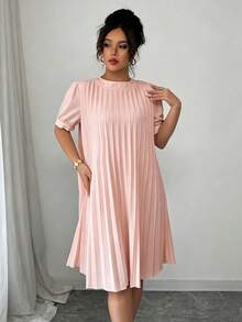 Elenzga Women's Elegant Romantic Loose Solid Color Pleated Petal Sleeve Mini Dress, Versatile For Spring/Summer - Baby Pink - View 5