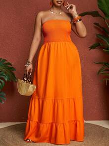 SHEIN CURVE+ Đầm mùa hè Slayr Vacation Casual màu xanh lá cây trơn, không dây vai, cỡ lớn dành cho nữ. - trái cam - Xem 8