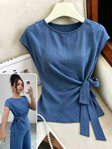 Elenzga Blusa ajustada elegante de mujer con cuello redondo azul, puños con lazo y drapeado, para primavera/verano - Azul - Ver 1