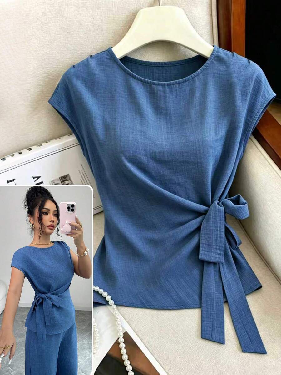 Elenzga Blusa ajustada elegante de mujer con cuello redondo azul, puños con lazo y drapeado, para primavera/verano - Azul - Ver 1