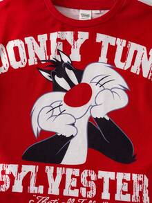 LOONEY TUNES X SHEIN Áo thun in chữ hoạt hình phong cách thường ngày cho bé trai, thích hợp mặc mùa hè. - Đỏ - Xem 5