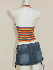 SHEIN ICON Áo crop top cổ yếm thắt nơ gợi cảm họa tiết sọc cầu vồng - Nhiều màu - Xem 2