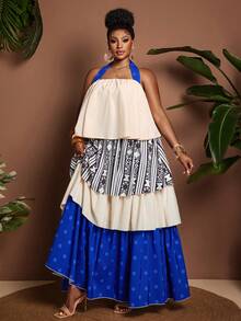 Maweii Beige,Summer,Boho,Vacation,Holiday Strapless Tie Back Bow Backless Ruffle Trim Bustier Top,Geometric Print Polka Dot Multi-Tier Flowy Maxi Dress - Multicolor - View 5
