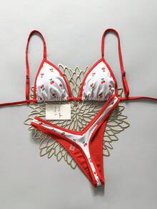 Swim MOD 2pcs/Set Random Floral Print Gold Disc Decor Halter Triangle Bikini Top And High Cut Thong Bottoms Sexy Swimwear Set, Spring/Summer - Multicolor - View 1