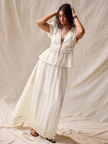 Nubod White,Summer,Boho,Tea Party,Holiday Plus Size Pleated Chiffon V-Neck Short Sleeve Cinched Waist Dress & Elastic Maxi Skirt,2-Piece Set With Shell Trim - Apricot - View 5