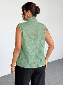 Firerie Camisa de verano de talla grande, elegante, de unicolor, con textura y volantes, con botones delanteros - Verde - Ver 2