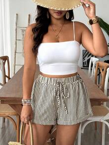 SHEIN VCAY Plus Size Autumn French Old Money Style Colorful Striped Teacher Shorts - Multicolor - View 4