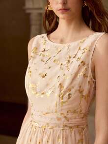 MOTF PREMIUM ELEGANT INTELLECTUAL FOIL FLORAL PRINT WAIST-CINCHED SLEEVELESS DRESS, HIGH-END FEEL, SUITABLE FOR SPRING/SUMMER EVENING GALA VACATION BEIGE - Apricot - View 4