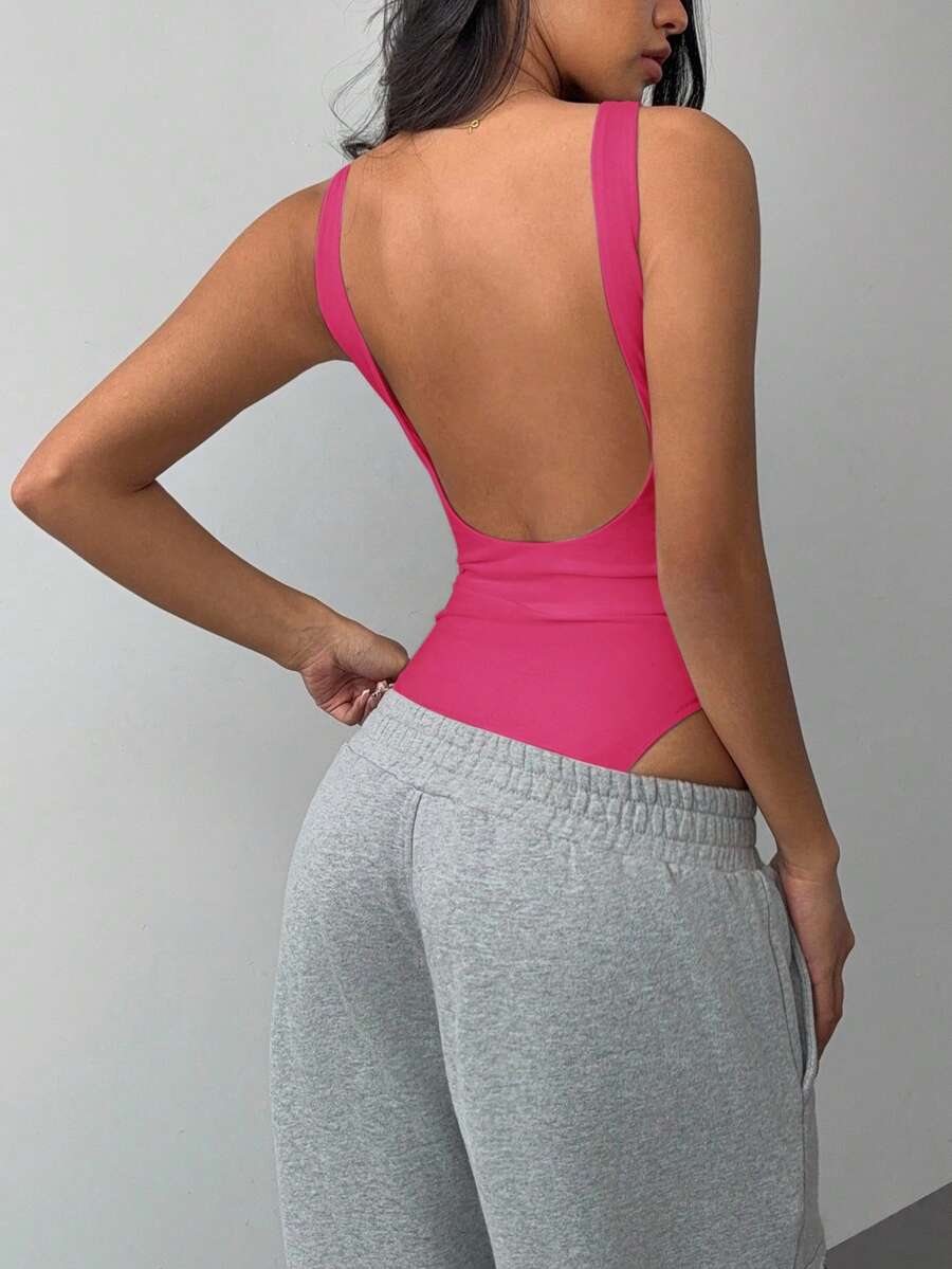 SHEIN BASICS Bodysuit Rajut Polos Kasual Tanpa Punggung untuk Wanita, Warna Pink Cerah untuk Musim Panas