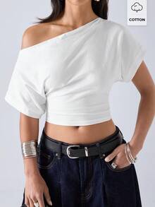 LYSMO Camiseta casual de mujer de manga corta tipo murciélago y corta de unicolor - Blanco - Ver 7