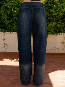 Bris Aura Women's Straight Leg Loose Casual Pockets Jeans, Versatile, Back To School, Western Wear Women - Dark Wash - View 2