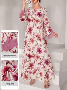 Yasmyna Round Neck Tie Dye Lace Patchwork Long Sleeve Loose Flowy Elegant Floral Print Dress For Women - Multicolor - View 3