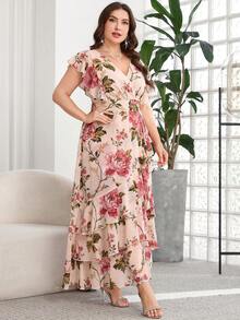 SHEIN Clasi 大码女式碎花荷叶袖优雅连衣裙 - 彩色 - 查看 5