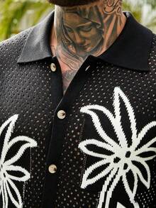 VENTUSAIL Men's Palm Tree Pattern Short Sleeve Single-Breasted Knit Top - Black - View 4
