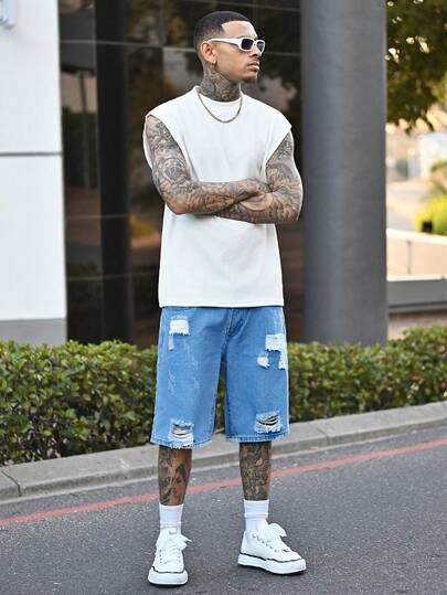 Devon Thys 男士休闲破洞直筒蓝色牛仔短裤，春夏街头时尚