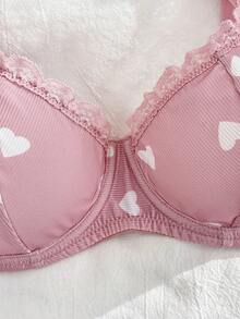 PetitDoll French Sweet Heart Print Lace Patchwork Underwire Bralette & Panty Set - Pink - View 3