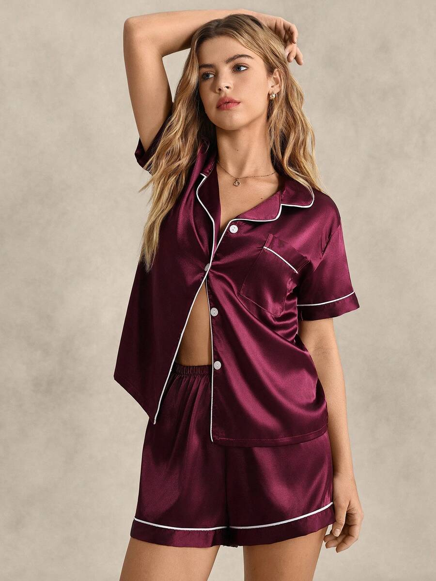 EverLounge Conjunto de pijama cómodo con ribete de bloques de color, ropa de otoño e invierno - Burdeos - Ver 1