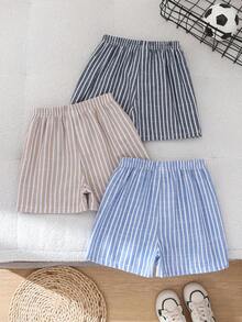 SHEIN 買二送一 3入組 男童休閒運動學院風復古條紋多色短褲 適合兒童開學、生日派對、晚會、表演、婚禮、洗禮、開幕典禮、日常穿著、上學、旅行、運動，適合春夏季節 - 彩色 - 查看 2