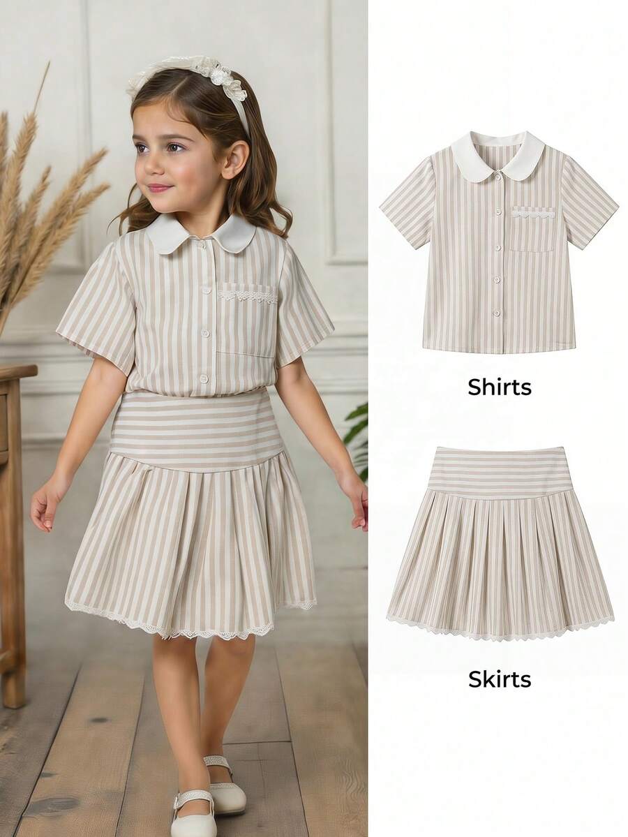 Elladie kids 女童条纹短袖衬衫和短裤套装